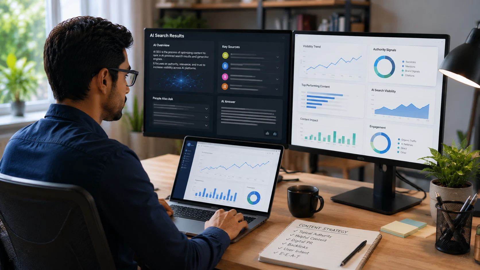 Digital marketer analyzing AI search results, website authority signals, and SEO performance on a computer screen.