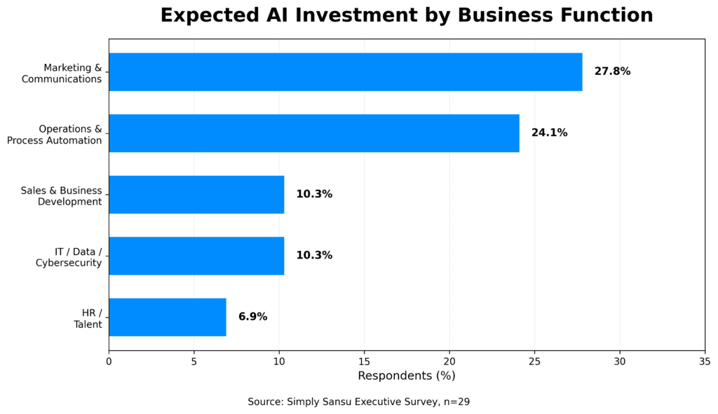 Expected AI investment by business function, with marketing and communications leading at 27.8%, followed by operations and process automation at 24.1%